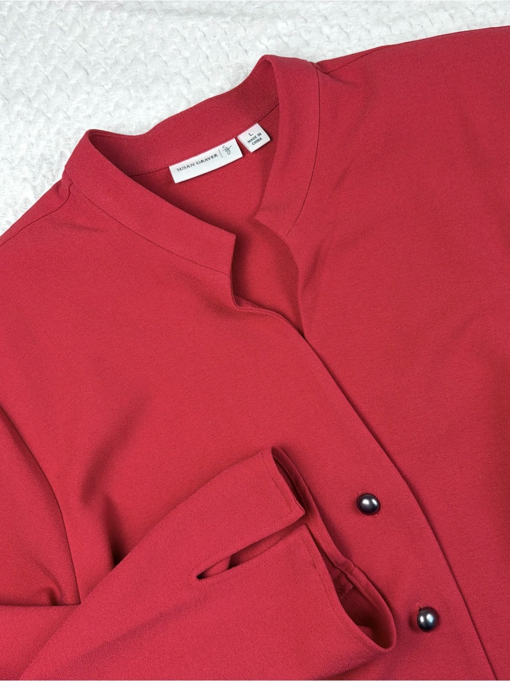 Susan Graver Red Tunic Shirt Jacket Sz Large Shoulder Pads Button Up 3/4 Sleeve